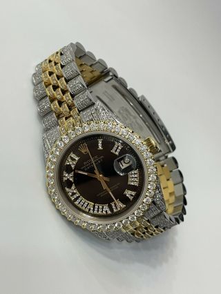 Rolex Datejust Two Tone Iced Out 36mm Jubilee Band Black Roman Dial Yg Ss