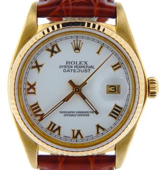 Mens Rolex Solid 18k Yellow Gold Datejust Watch White Roman Dial Burgundy 16018