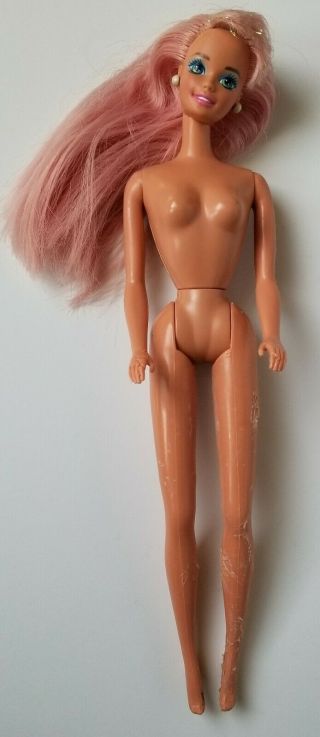 Vintage 1993 Nude Fountain Mermaid Barbie Doll With Long Pink Glitter Hair