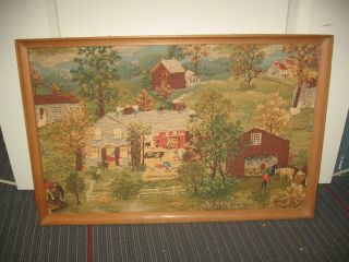 Vintage Large Framed Barkcloth ? Fabric Picture Country Cottages & Farms