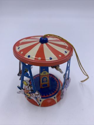 Tin Toy Ornament Carousel Merry Go Round Children On Animals Retro Vintage Style