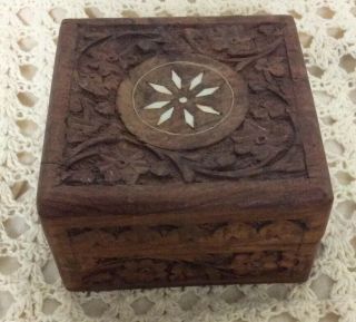 Vintage Small Square Wooden Box Jewelry Trinket Hand Carved Wood India