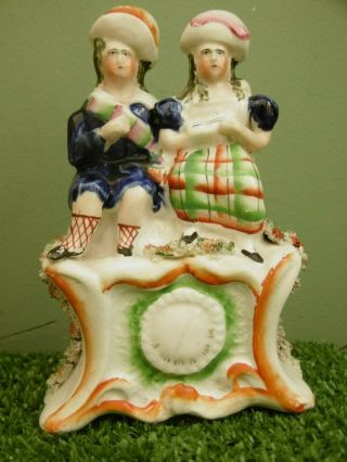 Antique 19thc Staffordshire Figurine With Children Sitting Over A Clock C.  1860