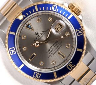 Rolex Submariner Date 16613 Two Tone 18k & S/steel 40mm Watch - Gray Diamond Dial