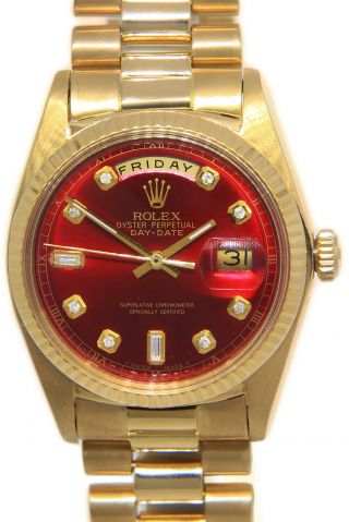 Rolex Day - Date President 18k Yellow Gold Red Diamond Dial Mens 36mm Watch 1803