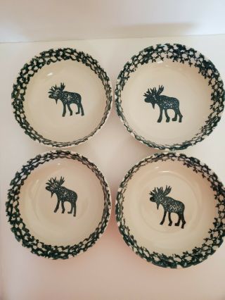 Tienshan Folk Craft Moose Country Set Of 4 Cereal Soup Bowl Forest Green Sponge