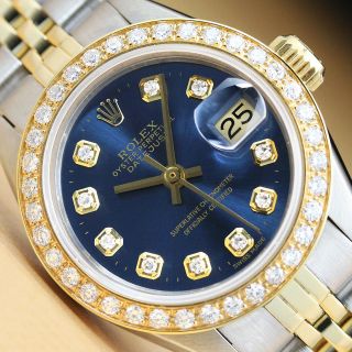 Ladies Rolex Datejust Blue Dial 18k Yellow Gold & Stainless Steel Diamond Watch
