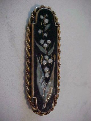 Antique Art Nouveau Hand Painted Floral Black Onyx Gold Plated Pin Brooch