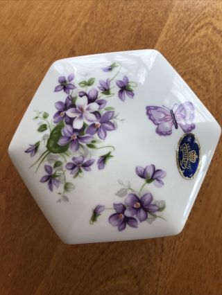 Aynsley Wild Violets Heptagon Covered Box - China,  Violets & Butterfly