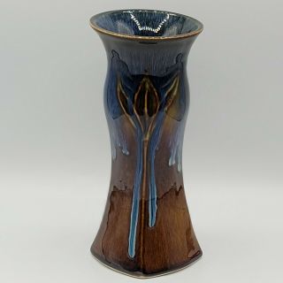 Gorgeous Signed John Campbell Blue Brown Glaze Pottery Vase 9”