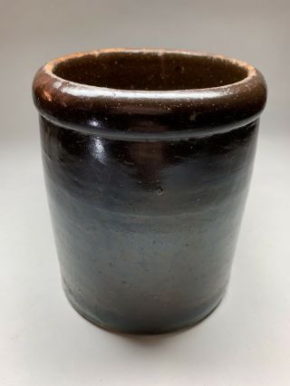 Old Antique Primitive Dark Brown Small Stoneware Crock Jar 7” X 5 - 1/4” X 5 - 3/4”