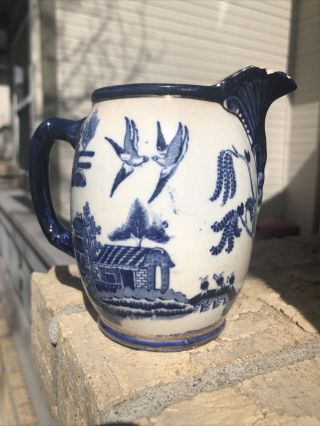 Antique 1907 Buffalo Pottery Blue Willow Pitcher.  Buffalo Mark Dated