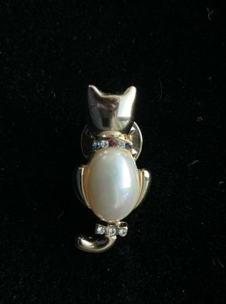 Vtg Jelly Belly Cat Pin Brooch Red White And Blue Rhinestone Collar Faux Pearl