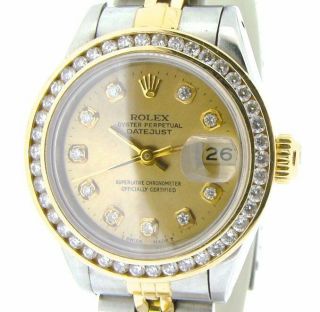 Rolex Datejust Ladies 18k Yellow Gold & Steel Watch 1ct Diamond Bezel Champagne