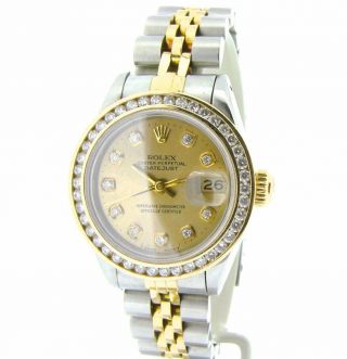 Rolex Datejust Ladies 18K Yellow Gold & Steel Watch 1ct Diamond Bezel Champagne 2