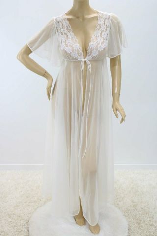 Vintage Long Peignoir 200 " Sweep Sheer White Chiffon Lace Dressing Gown Robe M