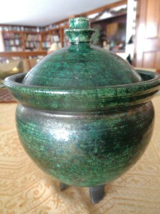 Vtg Hand Made Crafted Art Pottery 3 Footed Dark Green Jar Oriental Style 6 1/4 " H