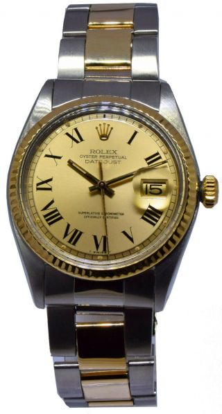 Rolex Datejust 14k Yellow Gold/steel Champagne Roman Dial Mens 36mm Watch 1601