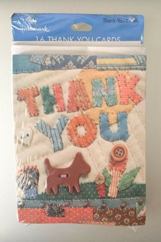 Vintage Hallmark Thank You Notes - Set Of 16 Cards/envelopes - Quilt With Button Dog