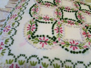 Vintage Cream Throw Pillow With Pink & Green Embroidery And Lace Eylet Trim