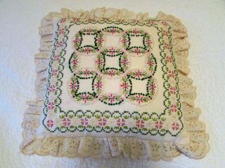 Vintage Cream Throw Pillow with Pink & Green Embroidery and Lace Eylet Trim 2