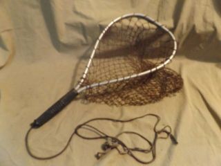 Vintage 50 - 70s Aluminum Trout Fly Fishing Net Hard Rubber Grip Tie Off Rope