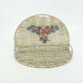 Vintage Wicker Wall Shelf Ratan Off White With Rose Accent Half Moon Round