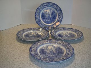 Four Vintage Straffordshire Liberty Blue 9 3/4 " Independence Hall Dinner Plates