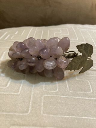 Vintage Amethyst Polished Stone Grape Cluster With Leaf Decor
