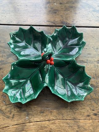 Vintage Lefton Holly Berry 4 Section Divided Candy Dish Christmas Green And Red