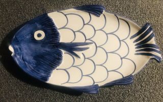 Zanolli Italian Hand Painted Square Blue & White Fish Plate - - Lovely Dish