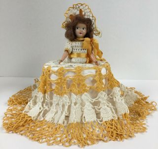 Vintage Doll Toilet Paper Cover Crocheted Skirt Gold White Mcm Kitsch