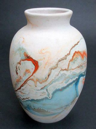 Vintage Nemadji Orange Blue Swirl Pottery Vase