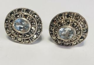 Vintage Signed D Sterling Silver Blue Topaz Stud Post Earrings
