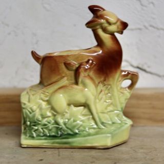 Vintage Mccoy Usa Deer Art Pottery Brown Green Bud Vase Planter 7.  5 " Glazed