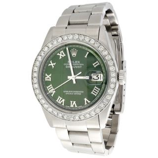 Mens Rolex 36mm Datejust Diamond Watch Oyster Steel Band Green Roman Dial 1.  9 Ct