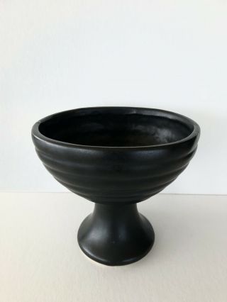 Vintage Matte Black Floraline Oval Ribbed Pedestal Planter Vase