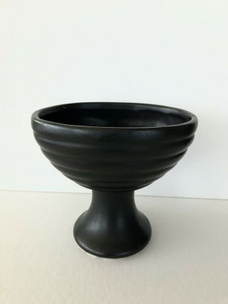 Vintage Matte Black FLORALINE Oval Ribbed Pedestal Planter Vase 2