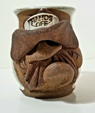 Vintage Ugly Funny Face Mug Art Pottery Coffee Cup Handmade Stoneware Hands Off