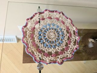 Vintage Crochet Round Doilie Red Light Blue Ivory Tea Stain 11.  5 "