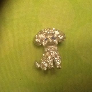 Vintage Silver Plated Glass Rhinestone Poodle Dog Pin Brooch,  With Blue Eyes