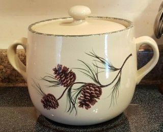 Home And Garden Party Northwoods Pinecone Pottery Handled Bean Pot With Lid 6.  5”