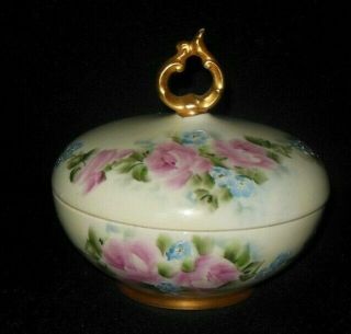 T&v Limoges Hand Painted Powder Box Pink Roses Blue Forget Me Knots 1892