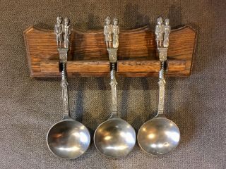 Set Of 3 Vintage Or Antique German Embossed Pewter Wedding Spoons With Rack