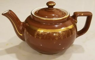 Vintage Hall China Co.  Boston Teapot 4 Cup Brown Gold Filigree 1920 