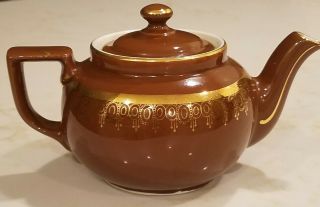 Vintage Hall China Co.  Boston Teapot 4 Cup Brown Gold Filigree 1920 ' s - 1930 ' s USA 2