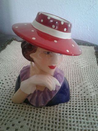 Vintage Lady Head Vase With Red/white Polka Dot Hat