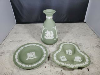 Vintage Wedgewood Green Jasperware Set Of 3