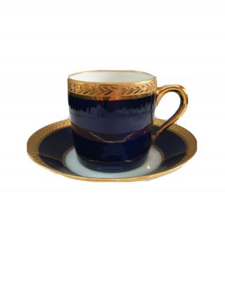 Vintage Cobalt Blue And White Limoges Demitasse Teacup And Saucer With Gold