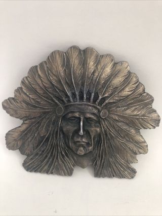 Vintage Brass Belt Buckle Native American Indian Head Chief Feathered 4 "